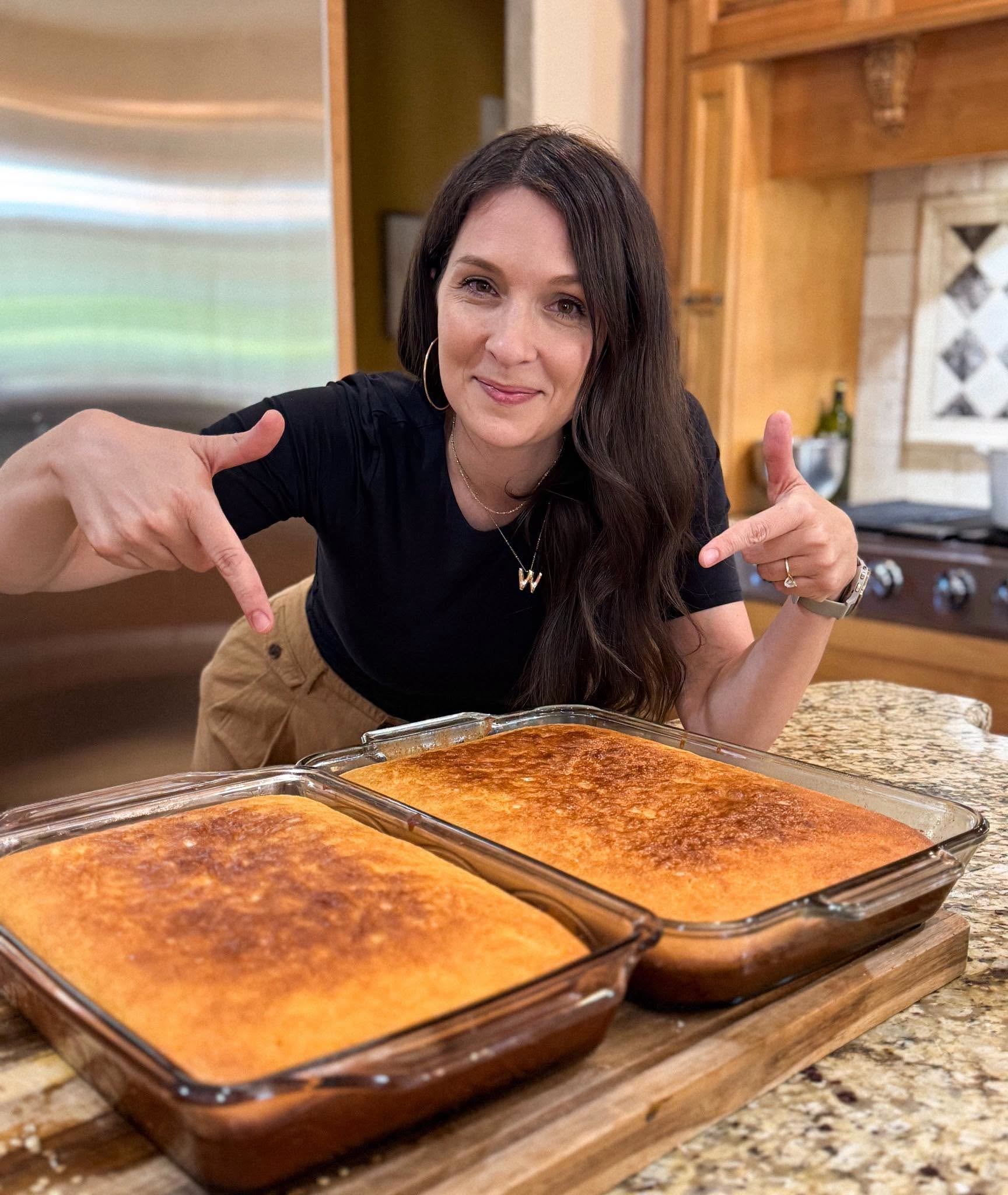 tamara pointing at freshly baked cornbread